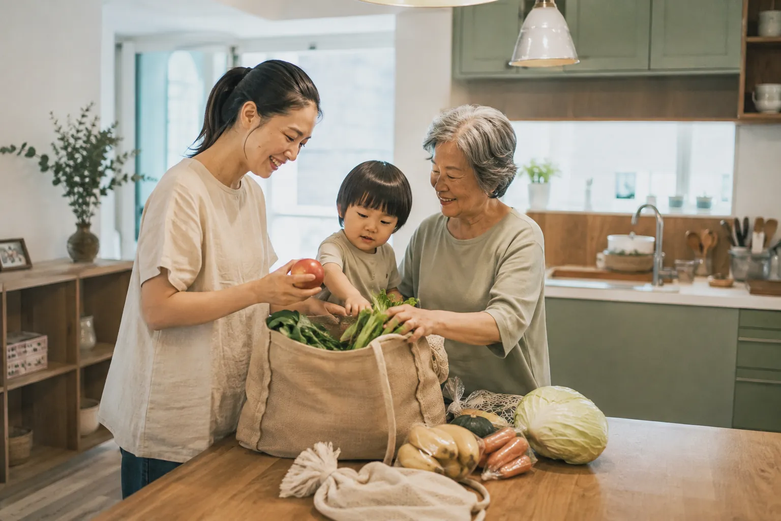家人在明亮廚房一起整理日常用品的生活情境示意