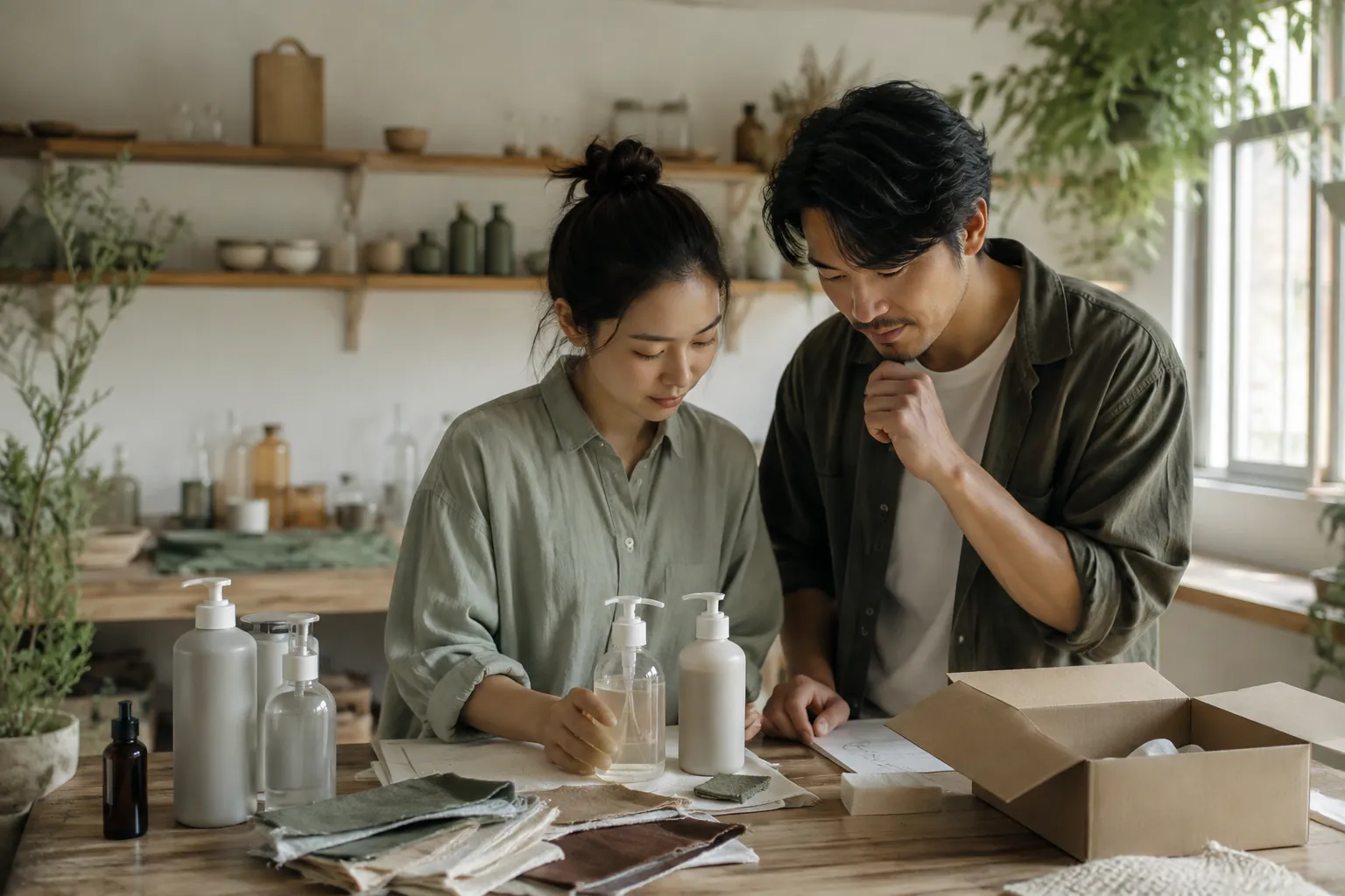 品牌企劃夥伴共同討論日常用品、包裝與材質的合作情境示意