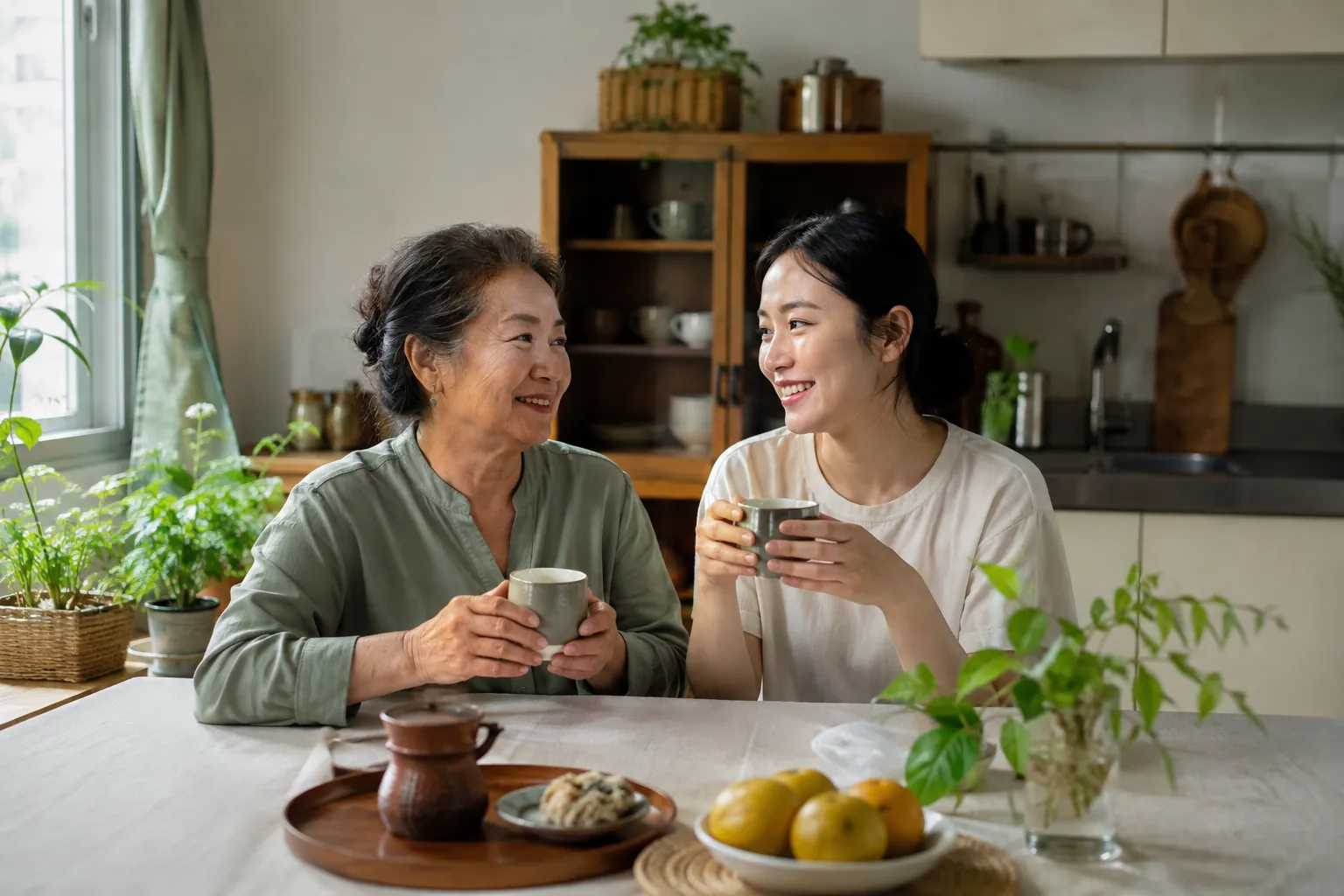 母女在家中一起喝茶聊天,呈現跨世代陪伴的生活情境